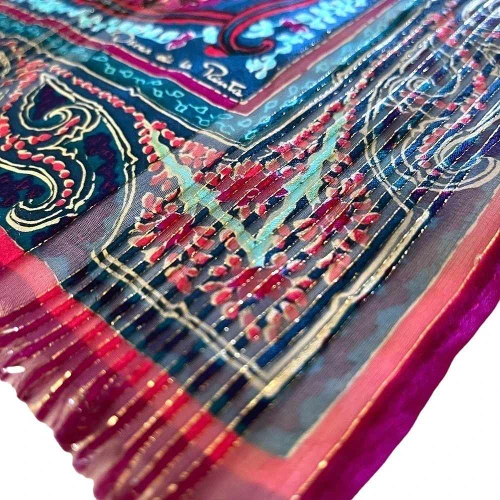Oscar de la Renta Vintage Paisley Metallic Gold Silk Fringe Long Scarf